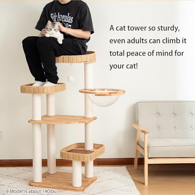 48'' Cat Tree for Large Cats, Modern Cat Tree Multi-Level Condo with Natural Wood, Cat Activity Centre for Medium and Big Pets (White LS02)