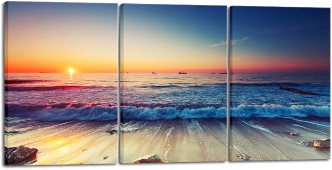 Wieco Art 3 Piece Sea Waves Canvas Prints Modern Seascape Artwork Landscape Pictures Paintings on Stretched Canvas Wall Art for Living Room Home Decorations