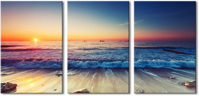 Wieco Art 3 Piece Sea Waves Canvas Prints Modern Seascape Artwork Landscape Pictures Paintings on Stretched Canvas Wall Art for Living Room Home Decorations