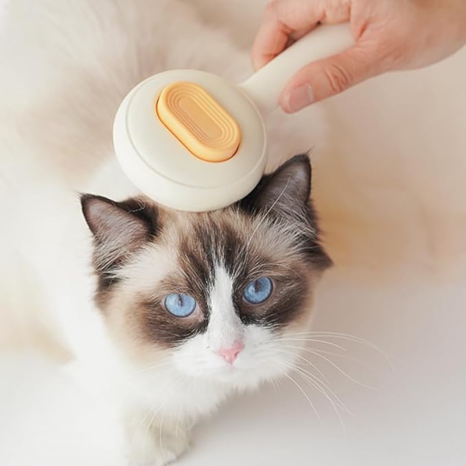 Pet Grooming Brush for Cats & Dogs –Cat Brushes for Indoor Cats, Cat Grooming Supplies –With Massage Function for Short & Long Hair, Removes Loose Fur & Undercoat – Self-Cleaning Slicker Brush (Beige)