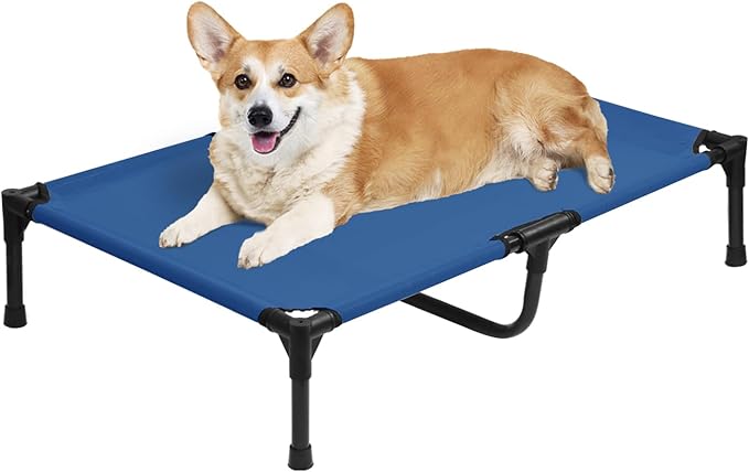 Medium Cooling Elevated Dog Bed, Outdoor Raised Pet Cots Beds for Medium Dogs with Breathable Mesh, Portable Pet Hammock, Lifted Travel Dog Bed with Non-Slip Feet, Easy to Clean, Blue, M