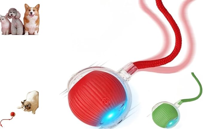 Indoor Cat Interactive Toy 360-degree Automatic Rolling Toy with Floor Flashing and Random Rolling for Cats and Dogs. Continuous Excitement, Fun and Stimulation for Your Cats and Dogs-(Red)
