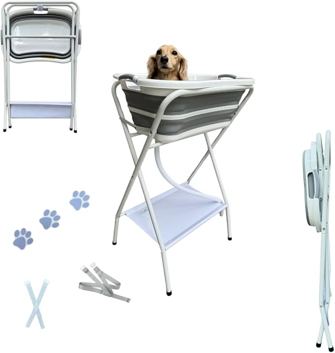 Collapsible Elevated Pet Bathtub, Foldable Washing Station for Small to Medium Dogs and Cats, Portable Pet Shower and Grooming Stand for Indoor and Outdoor Use