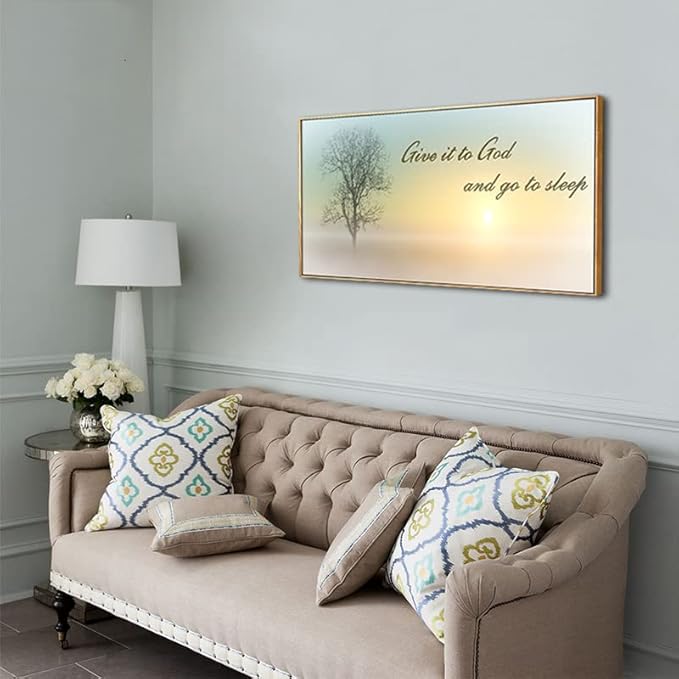 Lasdel Natural Extra Framed Wall Art of Misty Sunset & Tree Plant Picture For Bedroom Home Above Bed,Large White Country Wood Sign For Bathroom,Give It To God & Go to Sleep Artwork Decor,24x48