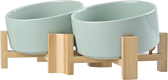 SPUNKYJUNKY 15° Slanted Ceramic Dog and Cat Bowl with Wooden Stand, Tilted Bulldog Food and Water Bowl No Slip Non-Spill for Cats Medium Dogs Big Face Pets 28.7 OZ (3.6 Cups, Morandi Green × 2)