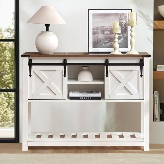 Entryway Table with Storage, Farmhouse Buffet Cabinet Coffee Bar Kitchen Island with Sliding Barn Doors & Shelves, Console Table for Kitchen, Dining Room, Living Room, White
