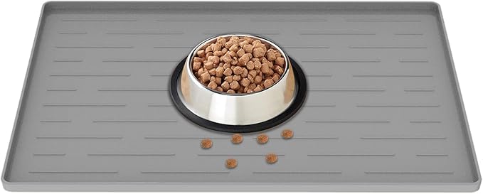 18" x 12" Dog Food Mat, Silicone Pet Mats for Food and Water, Nonslip Pet Feeding Mats for Floors, Dog Cat Bowl Mat with Raised Edges, Light Gray