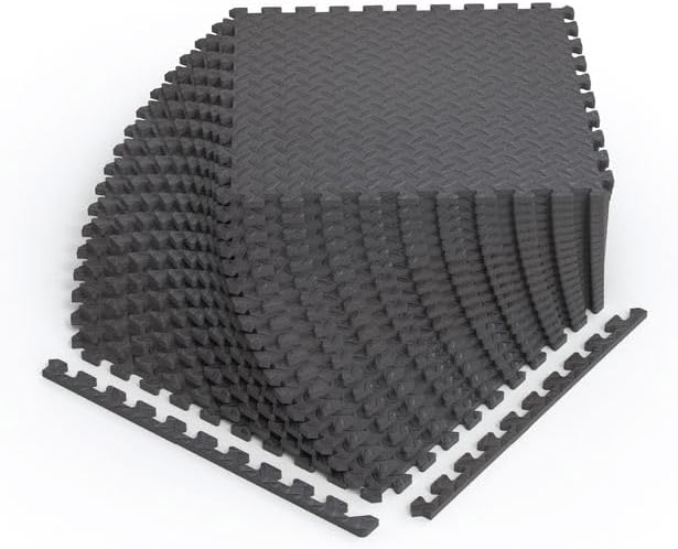 Norsk Foam Floor Gym Mats with Interlocking Tiles, .47" Thick, 24"x24", 30-Pack, 120 Square Feet, Diamond Plate Design, Grey