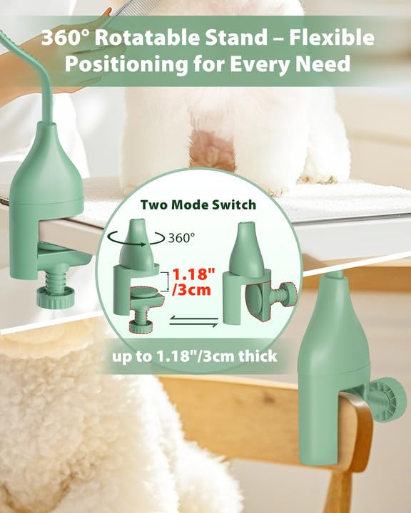 2-in-1 Hands-Free Dog Hair Dryer with Table Clamp – Low Noise Pet Grooming Dryer for Dogs & Cats, Adjustable Heat & Speed, Wearable or Desktop Use(Green)