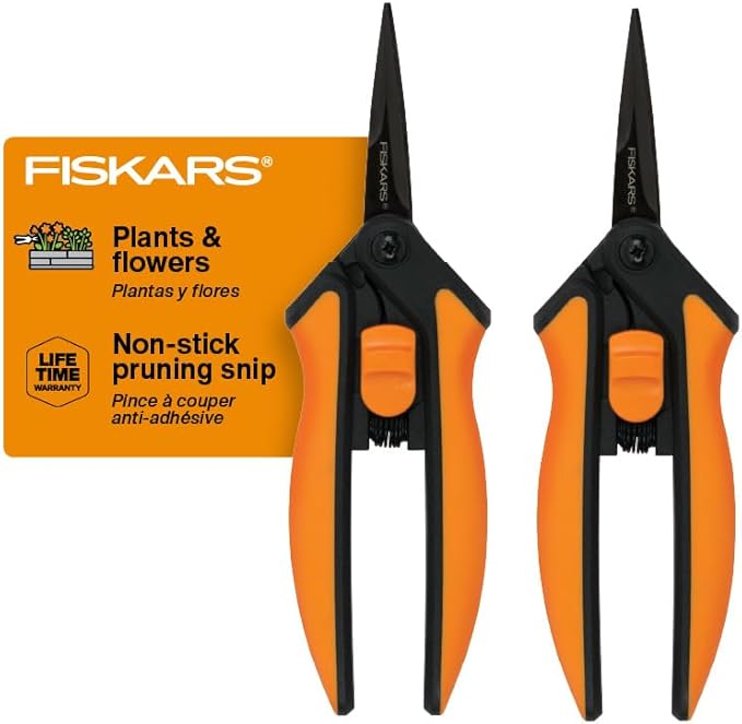 Fiskars 6" Pruning Scissors (2-Pack) for Flowers, Buds, Weeds and Small Plants, Garden Snips with Resin Resistant Nonstick Stainless Steel Blades, Gardening Trimmers with Comfortable Handle