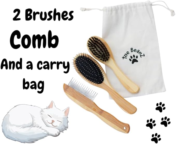 Premium Bamboo Cat Grooming Kit: Cat Brushes for Indoor Cats, Kitten Brush, and Dematting Comb for Long Haired Cats | Bamboo Grooming Supplies with kitten brush
