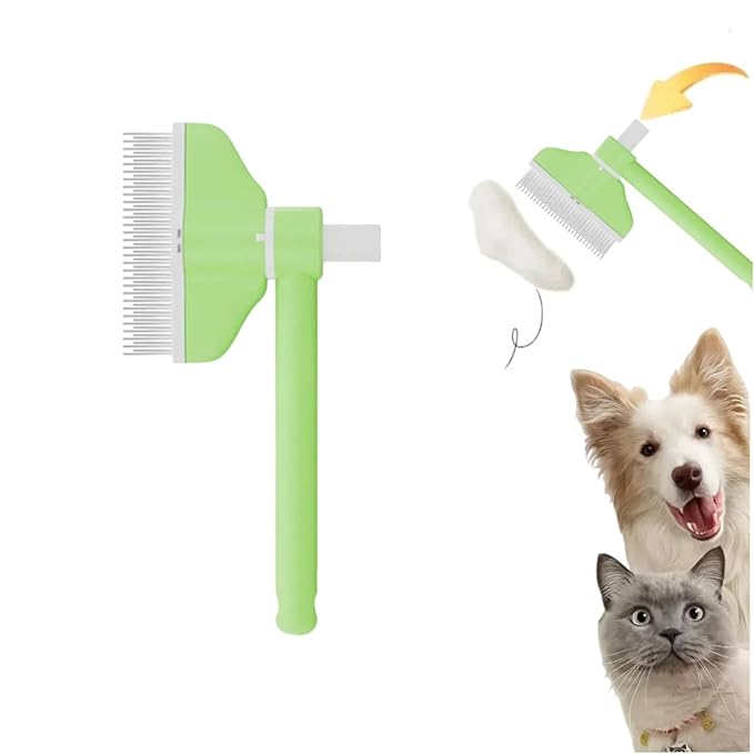 360° Press and Rotate Flea Comb for Cats and Dogs - Self-Cleaning Pet Hair Removal Tool with Release Button & Long-Short Stainless Steel Teeth for Shedding (Green)