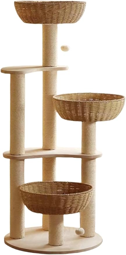 Modern Wood Rattan Cat Tree for Large Cats, Luxury Multi-Level Oak Solid Wood Cat Trees Towers，w/3 Weaving Cat Nests & Washable Cushions, Sisal Scratching Posts, for Indoor Large Cats-No paint/wax oil