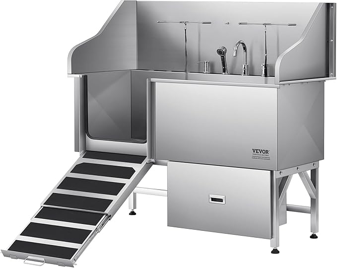 VEVOR Professional 304 Stainless Steel Dog Bathing Station, 61 inch Pet Grooming Tub w/Anti-Slip ramp, Storage Drawer, Cold Hot Faucet Showerhead, for Large & Medium & Small (Left Door, with Drawer)