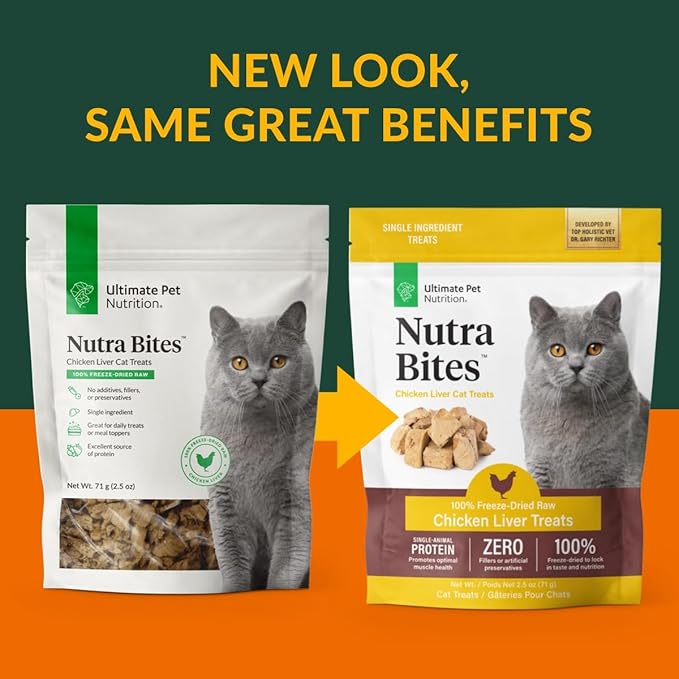 ULTIMATE PET NUTRITION Nutra Bites for Cats, Freeze Dried Raw Treats, Single Ingredient, Grain Free, (2.5oz, Chicken Liver)
