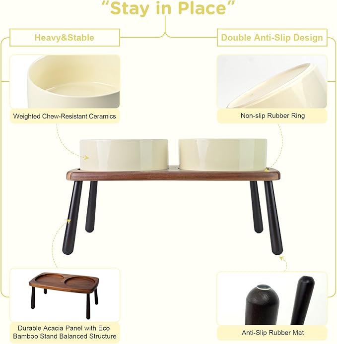 SPUNKYJUNKY Ceramic Elevated Dog Bowls Raised with Acacia Bamboo Wooden Stand, 8.3'' Dog Food Water Bowls Set Non-Slip for Medium Large Sized Breed Microwave Dishwasher Safe - 60 OZ,Beige