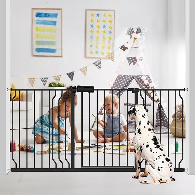 Fairy Baby Walk Through Baby Gate 34-38.5 Inch Wide, Pressure Mounted Safety Gate with Door No Drill, Tension Metal Gate for Dog and Toddler, Black
