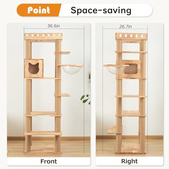 74.8" Wooden Cat Tree Tower for Large Cats, Multi-Level Cat Climbing Furniture with Scratching Posts, Cat Condo & Hammock, Natural Wood Cat Activity Center (Brown)