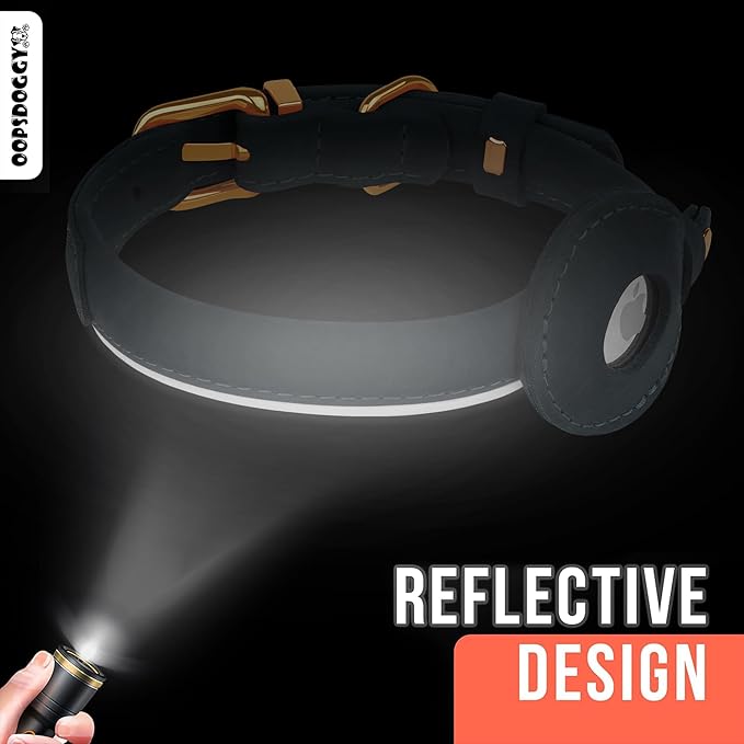 OOPSDOGGY Rolled Leather Dog Collar with Airtag Holder - Reflective Round Airtag Dog Collar - Soft Tracking Pet Collar for Small Dogs Puppy Cats Kitten (Brown, XS, 8"-11")