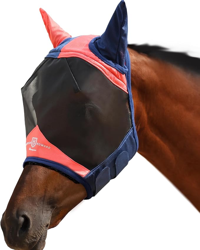 Harrison Howard Pro Luminous Horse Fly Mask Large Eye Space Half Face with Ears UV Protection for Horse Coral Orange/Navy M