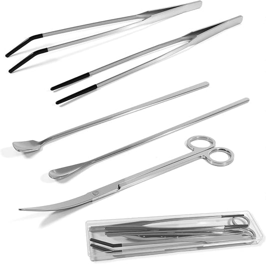 5 Pcs Reptile Feeding Tools Set with Silicone Tips - Extra Long Straight&Curved Tongs, Spoons, Scissors - Stainless Steel Terrarium Feeder Kit for Bearded Dragons, Lizards, Snake, Spiders, Aquarium