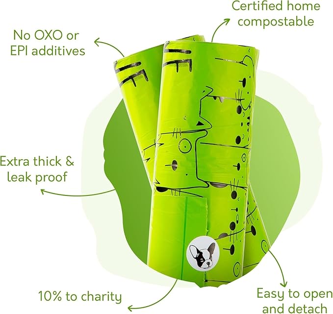 100% Certified Home Compostable Dog Poop Bags with Handles - 10% to Charity - ASTM D6400 & EN 13432 Compliant Large Poop Bags - 120 Bags - Large Pantry Roll of Plant Based Compostable Poop Bags