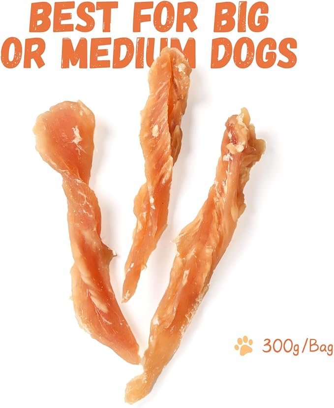 Dog Treats Chicken Jerky Strips for Dogs, Natural Healthy Dog Jekry with Taurine, Real Chicken Twists High Protain Low Fat, Training Rewards Treats for Small Medium Large Dogs 10.6 oz