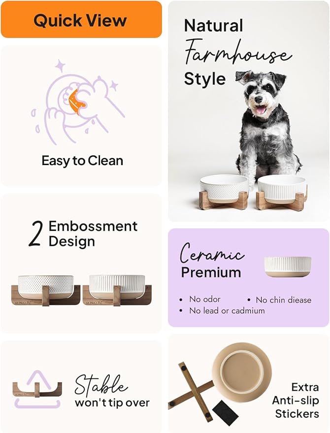 Ceramic Dog Bowls for Medium Small Dogs - 4 Cup Medium Dog Food and Water Bowls with Wood Stand, Cute Pet Dishes Set of 2, Lines+Dot