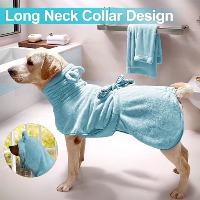 KOOGALSmall to Medium Size Dog Bathrobe, Quick Drying Super Absorbent Used for After Bathing, Warm Dog Towels, Adjustable Hoodies and Belts for Pet Dogs Bath Clothes Products (Blue, XL)