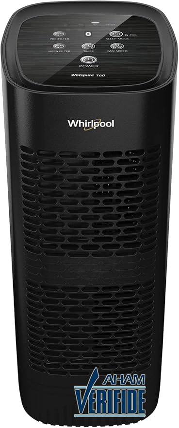 Whirlpool, WPT60B Whispure True Hepa Air Purifier, Activated Carbon Advanced Anti-Bacteria, Ideal for Allergies, Odors, Pet Dander, Mold, Smoke, Wildfire, and Germs, Medium, Black