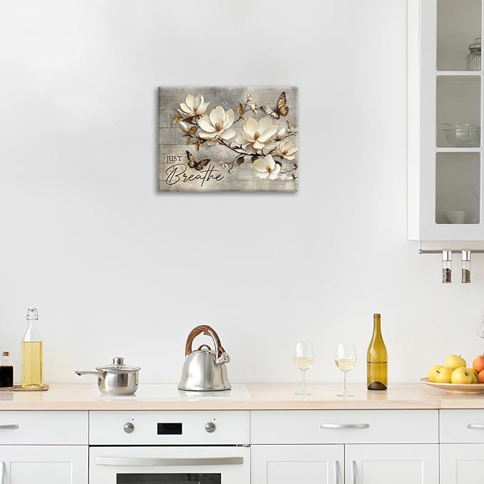 Floral Magnolia Bathroom Pictures Wall Art, Just Breathe Bathroom Wall Decor, Flower Butterfly Framed Painting Canvas Artwork for Bedroom Living Room Decorations 16"L x 12"W