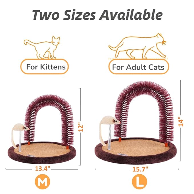 Happi N Pets Large Cat Self Groomer, Arch Grooming Brush with Heavy Wooden Scratching Pad, Rubbing Post & Toy, Cat Face Scratchers Body Massager, Cat Scratchers for Indoor Cats, Brown