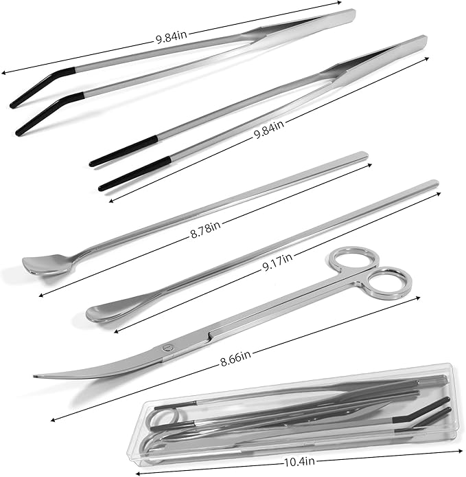 5 Pcs Reptile Feeding Tools Set with Silicone Tips - Extra Long Straight&Curved Tongs, Spoons, Scissors - Stainless Steel Terrarium Feeder Kit for Bearded Dragons, Lizards, Snake, Spiders, Aquarium