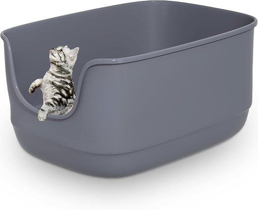 Gefryco Large Cat Litter Box with High Sided 24.6"x18.3"x12.2" - Jumbo Extra Large Open Anti - Splashing High Wall for Multiple Cats (Grey)