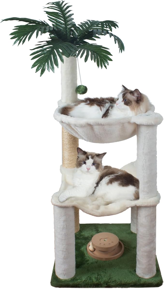 Cat Scratching Post 40 Inches Small Cat Tree Tower with Two Hammock, Double Hammock with Cat Toy Wooden Interactive, Cat Condo for Kitten and Adults Cat