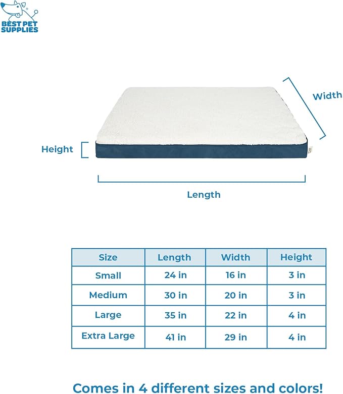 Best Pet Supplies Cute Dog Crate Mat Flat Bed with Waterproof Exterior, Thick Orthopedic Egg Foam Mattress, and Soft Sherpa Fleece Cover for Small, Medium, and Large Breeds - Blue, 24X16X3