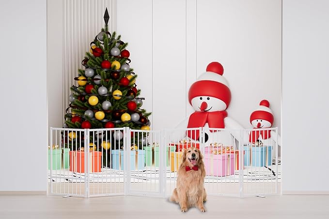 Full Metal Freestanding Dog Gate with Door, 32''Height Foldable Pet Dog Fence for Indoor & Outdoor, 6 Panels Extra Wide Free Standing TallDog Gates for Doorways,House,Stairs,Porch,Deck,Yard