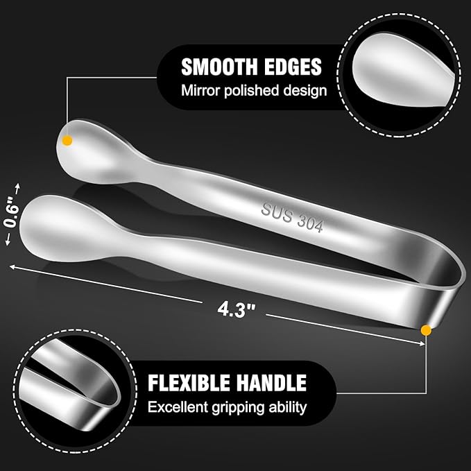 Mini Tongs For Serving Food，Set fo 12 Small Tongs For Appetizers，Small Stainless Steel Metal Cooking Tong，for Tea Party Coffee Bar, 4 inch Sugar Tong - Silver