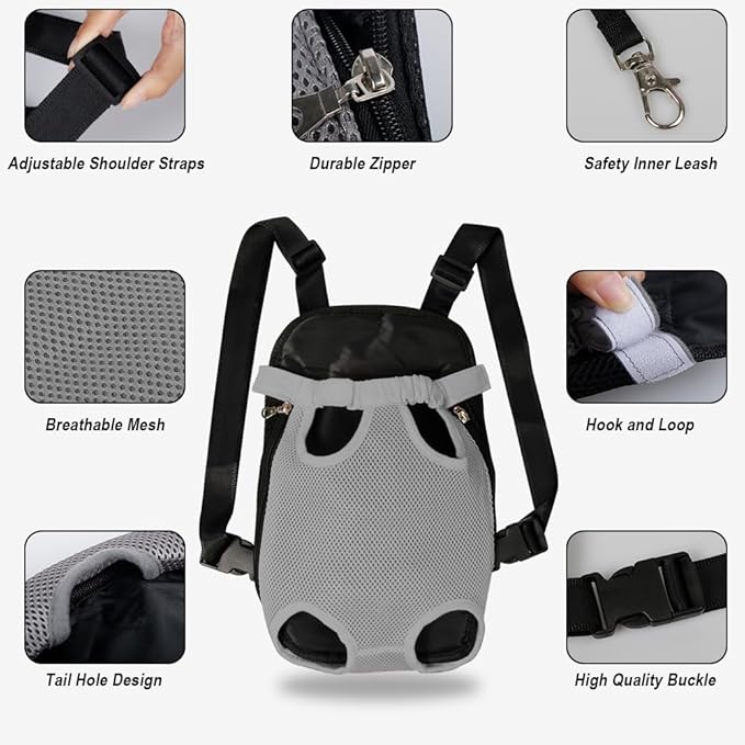 FEimaX Dog Carrier Backpack Pet Legs Out Front Cat Travel Bag, Adjustable Puppy Backpacks Carriers Hands-Free for Small Medium Dogs Cats Hiking Traveling Camping Daily Walking (Large, Grey)