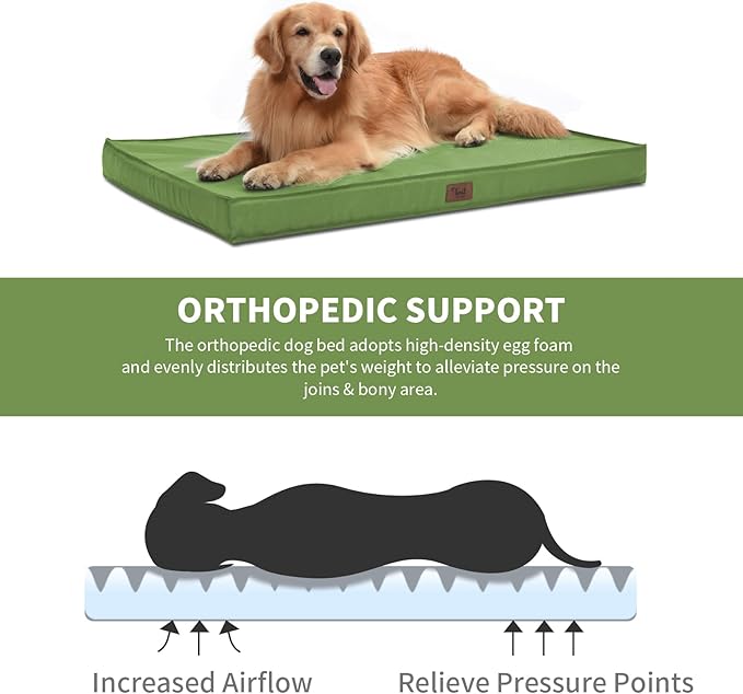 Outdoor Dog Bed for Medium Dogs, Waterproof Dog Crate Bed for Puppy Beds, Orthopedic Egg Crate Foam Pet Bed with Washable and Removable Oxford Cover, Light Green