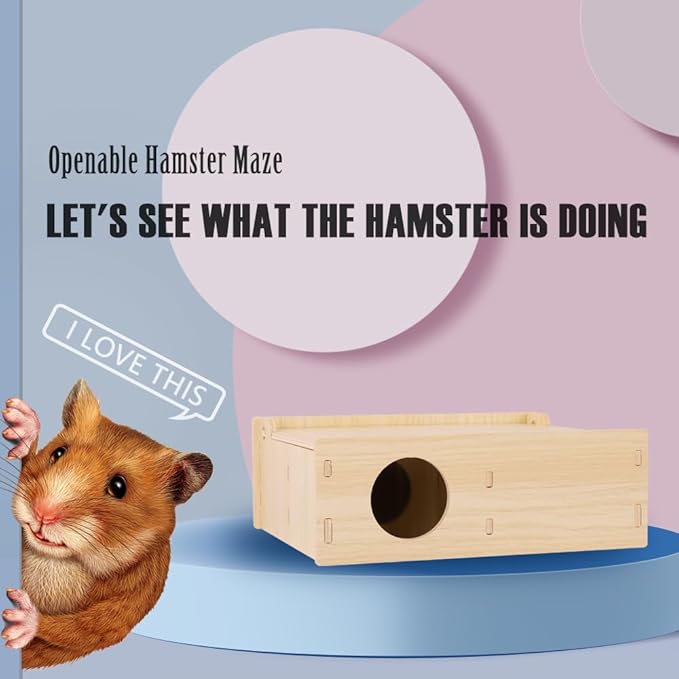 Hamster and Mouse Wooden Tunnel Cage Secret Peep Shed and Explore Hideout Flip Cover Design Hamster Play Tunnel