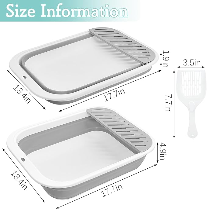 Fhiny Cat Litter Box Portable Shallow Litter Box 17.7"x13.4"x4.9" Foldable Cat Toilet with Scoop Open Kitty Potty Pan with Litter Drop Pedal Easy to Clean Travel Kitten Toilet(Gray)