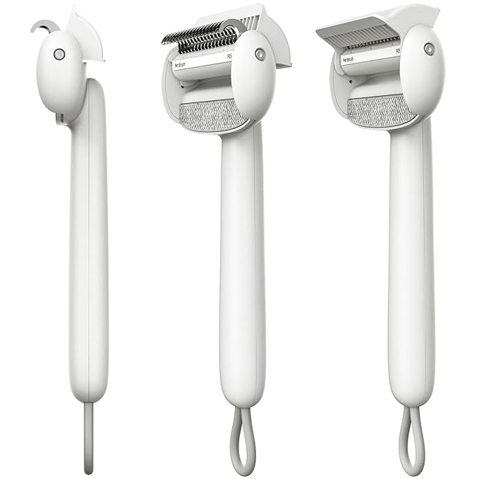 Self Cleaning Grooming Brush for Shedding Pets Rake Gently Removes Loose Undercoat Mats Tangled (White)