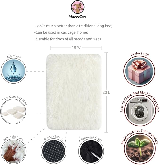 IHAPPYDOG Luxury Faux Fur Orthopedic Dog Beds, Memory Foam Crate Bed for Small, Medium, Large and XL Pets, Fluffy Pet Bed with Waterproof and Washable Cover, Fits Crates (White, 23"x18")