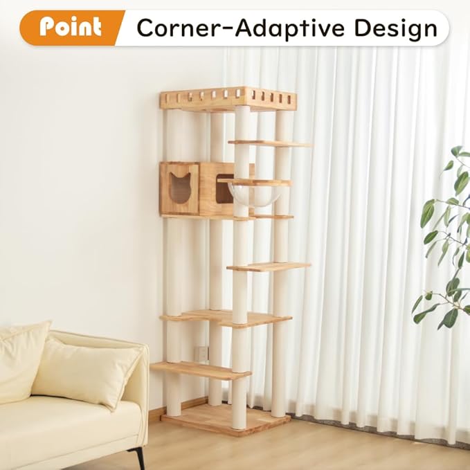74.8" Wooden Cat Tree Tower for Large Cats, Multi-Level Cat Climbing Furniture with Scratching Posts, Cat Condo & Hammock, Natural Wood Cat Activity Center (White)