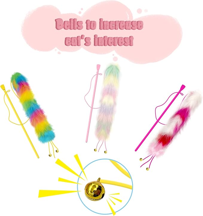 3 Pack Cat Wand Toy, Rainbow Cat Feather Toys with Bells, Teaser Wand with Soft Furry Tail, Interactive Toys for Indoor Cats & Kitten & Kitty