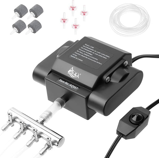 AQQA Powerful Aquarium Air Pump Adjustable Fish Oxygen Aerator Pump for Basement Aquarium Ponds Hydroponic 4 Outlets Commercial Air Pump Bubbler with Accessories for Fish Tank Up to 600Gal(10W,237GPH)