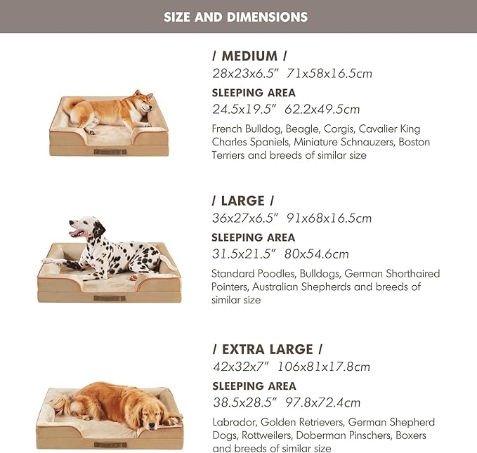 Friends Forever Orthopedic Dog Bed for Large Dogs, Waterproof Memory Foam Dog Sofa Bed L with Removable Washable Cover, Ally Khaki, 35x25x6.5