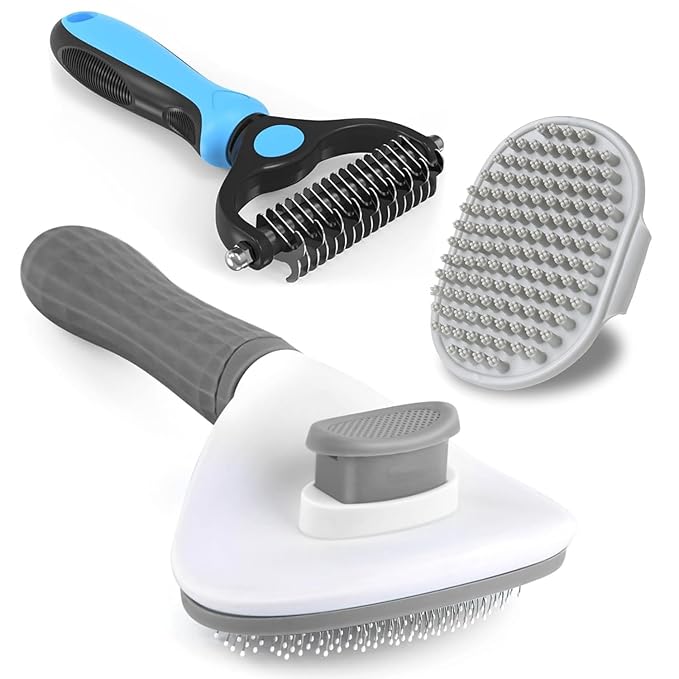 3PCS Dog Grooming Brush - Dog Brush for Shedding Massaging Bathing - Double Sided Shedding, Dematting Undercoat Rake - Self Cleaning Slicker Comb for Dogs and Cats with Long or Short Coats