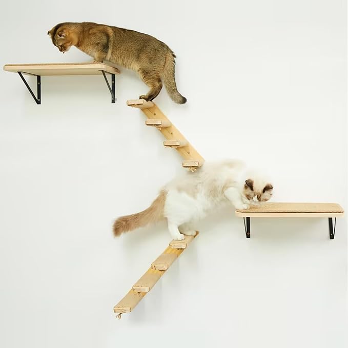 Cat Wall Furniture Set, 2PCS Cat Shelves & 2PCS 4 Steps Wall Shelves Stairs Tower Climbing Scratching Perches for Climbing Sleeping, Playing